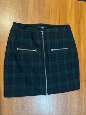 Madewell 1937 Zip Front Mini Skirt Dark Green Plaid Wool Blend Size 0